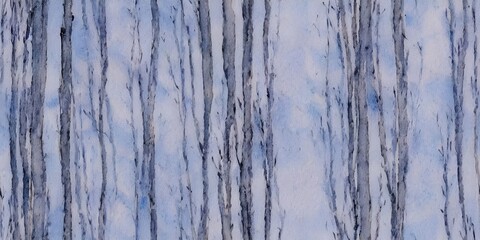 A tranquil birch forest in watercolor hues. The midnight blue sky is speckled with silver snowflakes, and the trees are a gentle wash of white. In the distance, there is a fairytale castle