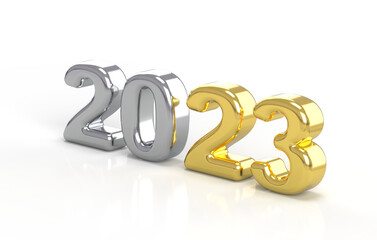 2023 Happy New Year 2022 3D render metallic text transparent background.