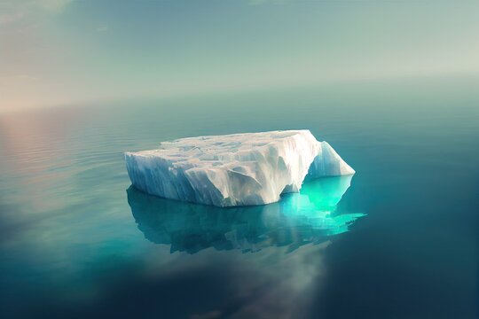 Aerial view of an arctic iceberg floats in water. Climate change causes ice chunks to melt away, which causes arctic icebergs to float. Illustration and 3D rendering.