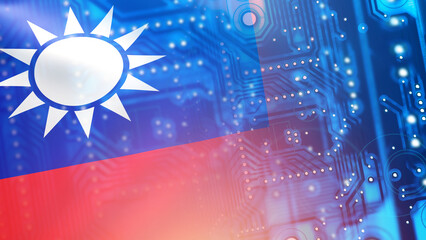 Manufacture PCB. Taiwan flag and PCB production equipment. Concept buying types from Taiwan. Manufacture electronic components in factory in Taipei. Chip PCB manufacturing plant in Taiwan. 3d image