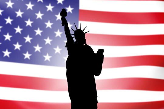 United States of America. Statue of Liberty silhouette. Developing national flag USA. Statue of Liberty from New York. Symbols freedom and democracy USA. USA patriotic banner. Art blurred. 3d image