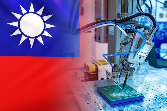 Microchip manufacturing in Taiwan. Microelectronics industry. Production machine for creating microchips. Flag of Taiwan at factory for production of microchips. Taiwans high-tech industry. 3d image.