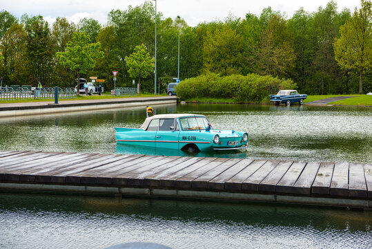 FRIEDRICHSHAFEN - MAY 2019: azure AMPHICAR 770 1961 cabrio at Motorworld Classics Bodensee on May 11, 2019 in Friedrichshafen, Germany