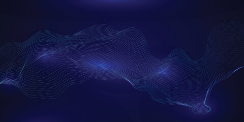 Wave music line of flowing particles abstract vector on dark blue background, smooth curvy shape circle dots fluid array. 3d shape dots blended mesh, future  5g technology relaxing wallpaper.	
