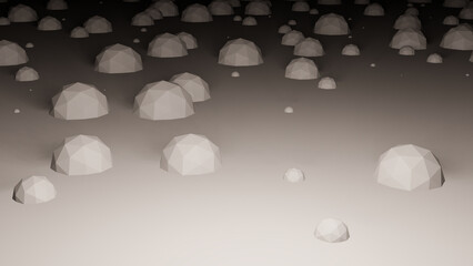 3D illustration. Image of abstract work. Several white domes in the darkness were lit by one light.