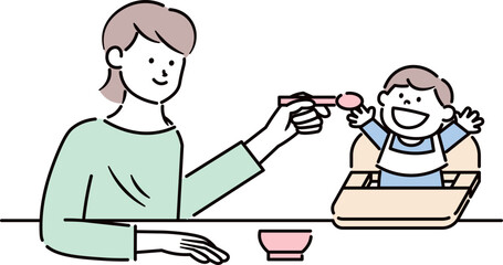 子供に食事を食べさせている母親のイラスト素材