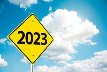 Road sign 2023 on sky