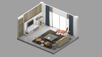 Isometric view of a living room,residential area, 3d rendering.