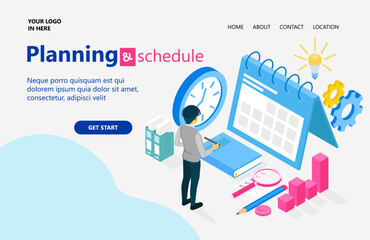 Landing page with illustration of isometric style business plan and schedule