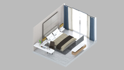 Isometric view of a master bedroom,residential area, 3d rendering.