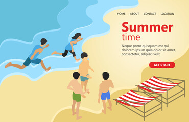 Fototapeta premium Landing page with illustration about summer vacation on the beach