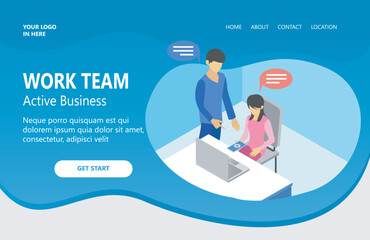 Landing page with illustration of a solid team of business workers