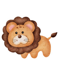 Watercolor cute lion cartoon design character 