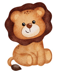 Watercolor cute lion cartoon design character 