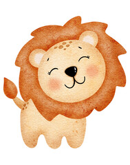 Watercolor cute lion cartoon design character 