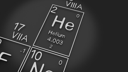 Helium on the periodic table of the elements on black blackground,history of chemical elements, represents the atomic number and symbol.,3d rendering