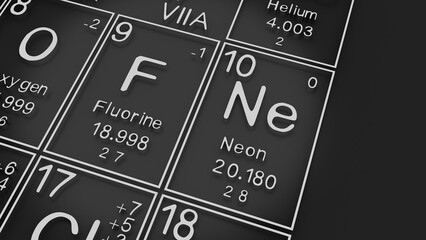 Fluorine, Neon on the periodic table of the elements on black blackground,history of chemical elements, represents the atomic number and symbol.,3d rendering