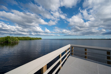 Boardwalk at West Lake in Everglades National Park, Florida on sunny autumn afternoon.