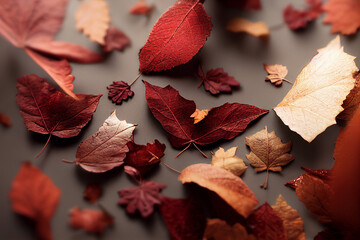 Naklejka na ściany i meble Autumn composition. Texture made of autumn red leaves. Flat lay, top view, copy space, close up, square illustration