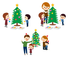 Obraz na płótnie Canvas クリスマスツリーと準備をしている家族のセット