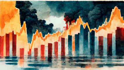 abstract virtual global crisis chart on fire smoke war background. Financial crisis and recession concept. illustration - obrazy, fototapety, plakaty