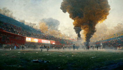 tear gas firing at football match, football fans clash with riot police during the football Cup game played at football stadium. illustration  - obrazy, fototapety, plakaty