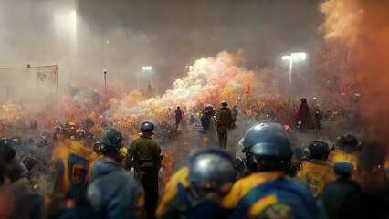 tear gas firing at football match, football fans clash with riot police during the football Cup game played at football stadium. illustration  - obrazy, fototapety, plakaty