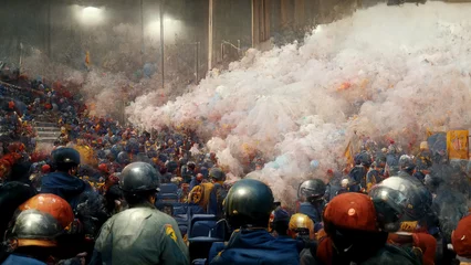 Foto op Aluminium tear gas firing at football match, football fans clash with riot police during the football Cup game played at football stadium. illustration  © Strabiliante