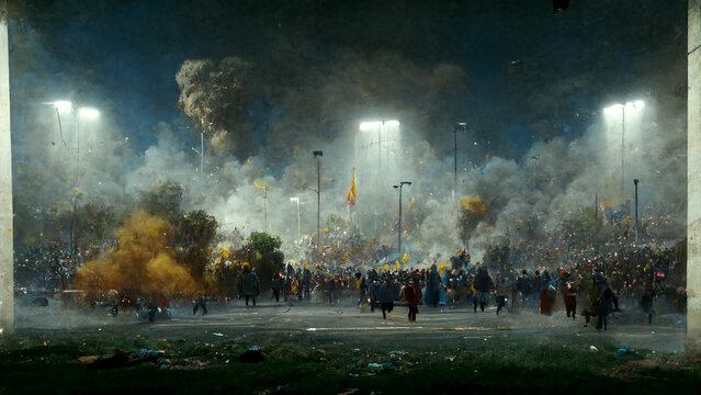 tear gas firing at football match, football fans clash with riot police during the football Cup game played at football stadium. illustration 