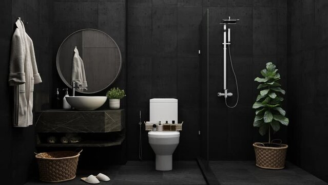 creating build up of hotel bathroom toilet with black and tiled walls, concrete floor, Shower near plant pot and sink on dark marble countertop with round mirror. with wooden decoration 3d rendering