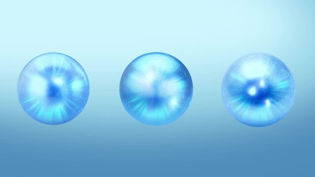 3 Pearl ball orb motion graphic. blue color sphere with swirling smoke effect within. energy and plasma dancing around glass container. 3D render, 4K 