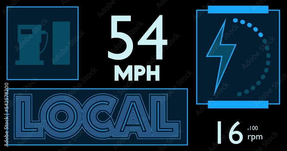 Poster hybrid car dashboard with local text. digital graphical user interface animation.