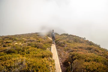 Zelfklevend Fotobehang Cradle Mountain path in the fog