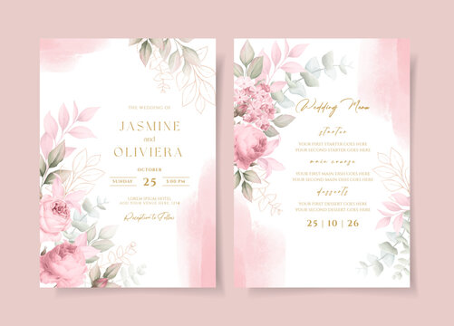 Beautiful floral wedding invitation and menu template set with roses and leaves decoration