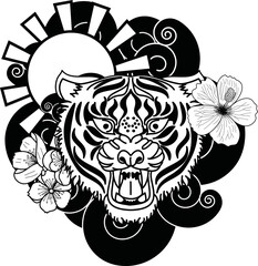Doodle art style tiger face with cherry flower and rising sun tattoo.Tiger  traditional tattoo.Line art tiger with sakura and Hibiscus flower tattoo.