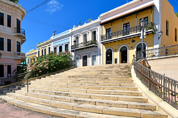 Stone staircase leading to historic colonial buildings in downtown Old San Juan on the island of...