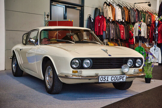 FRIEDRICHSHAFEN - MAY 2019: white OSI-Ford 20 M TS coupe 1967 at Motorworld Classics Bodensee on May 11, 2019 in Friedrichshafen, Germany