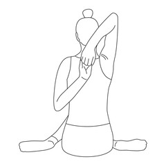 Line art back side of woman doing yoga exercise in cow face pose vector.