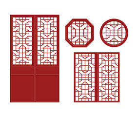 set 7 of Chinese Ornament Windows and Doors Pattern Vector outline illustration on white background