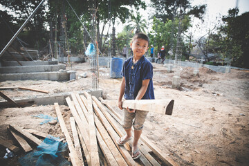 Children are forced to work construction., Violence children and trafficking concept,Anti-child labor, Rights Day on December 10.