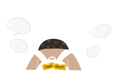 A young boy hit the school bully by sticked a piece of paper with mocking words on the back. flat vector illustration.