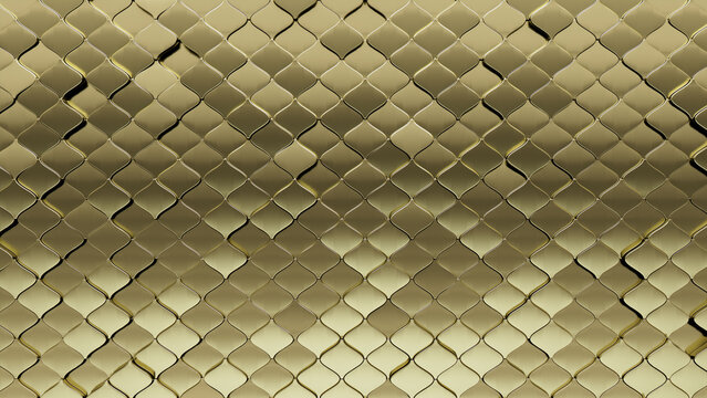 Arabesque, Luxurious Mosaic Tiles arranged in the shape of a wall. Gold, 3D, Blocks stacked to create a Glossy block background. 3D Render