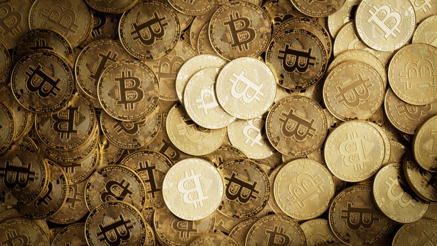 Bitcoin Cryptocurrency represented as Gold Coins. Blockchain Investing Wallpaper. 3D Render.
