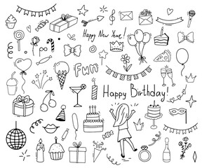 Celebration clipart big set. Party time doodle clipart. Hand drawn line icons for New Year or Birthday. Outline funny collection