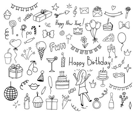 Celebration clipart big set. Party time doodle clipart. Hand drawn line icons for New Year or Birthday. Outline funny collection