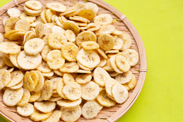 Banana slice chips on white background.