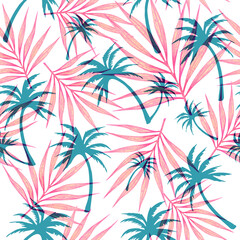 Fototapeta na wymiar Abstract palm tree and tropical leaves seamless beach pattern