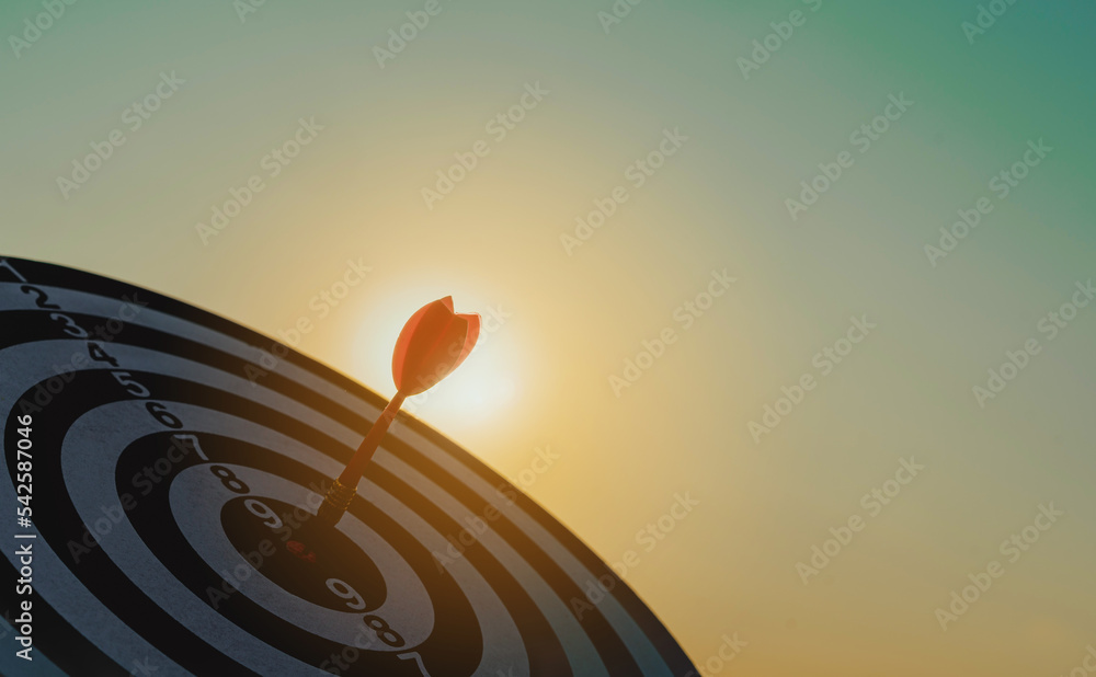 Poster business marketing target strategy as concept. red dart arrow hitting in the target center of dartbo