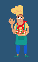 Cute pizzaiolo chef with neopolitan pizza in cartoon style. Character for postcards, books, posters. Vector illustration, isolated icon on background.