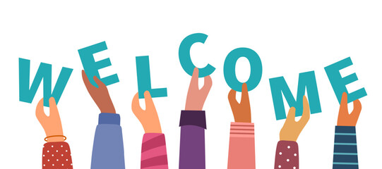 People show welcome message via text sign in flat design.